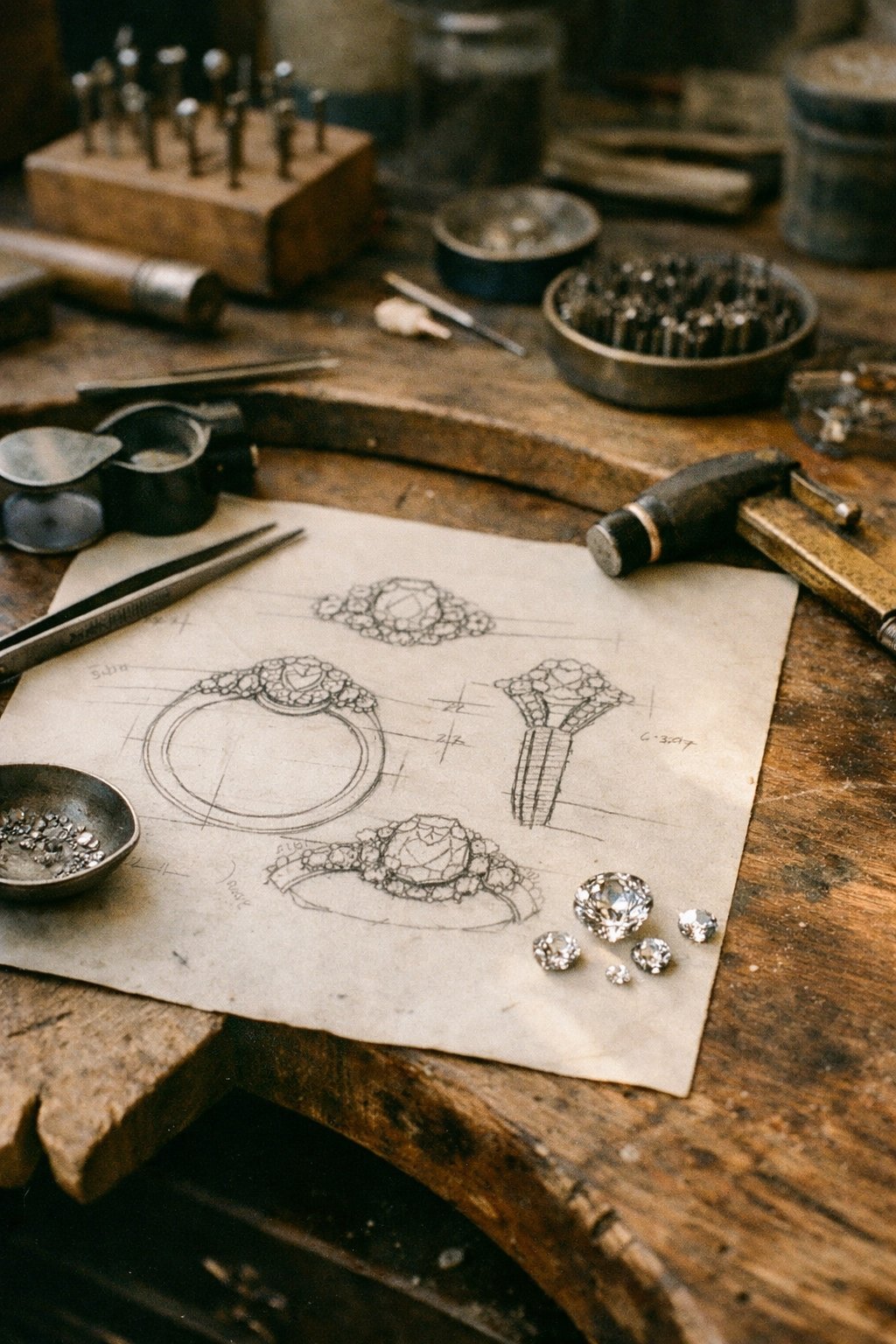 Artisan jeweler's workbench with a design sketch