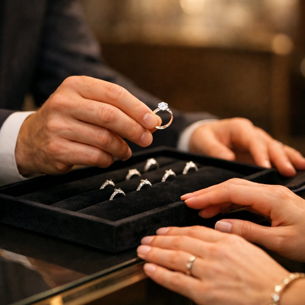 Jeweler showing a diamond ring to a client