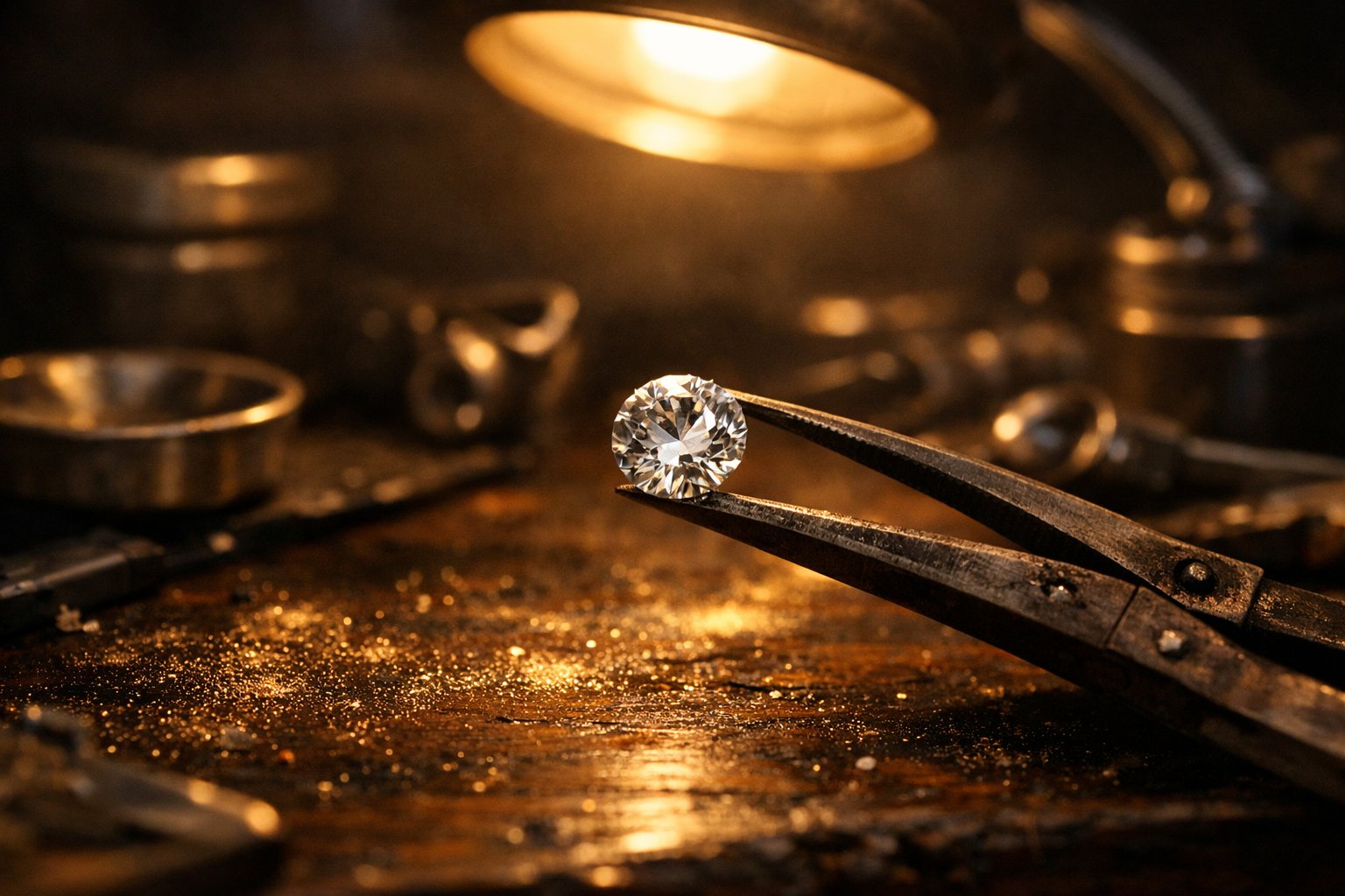 A beautiful macro photograph of an artisan jeweler's workbench showing craftsmanship
