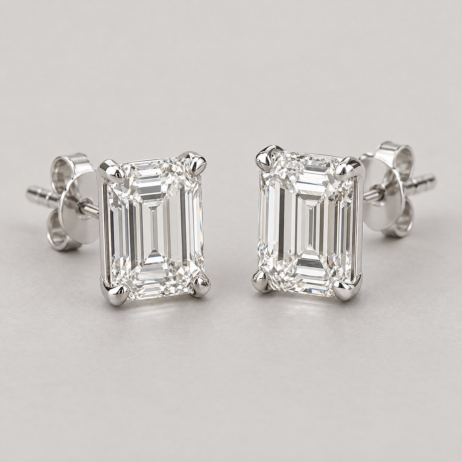 Emerald-Cut Diamond Studs in white gold â angled view