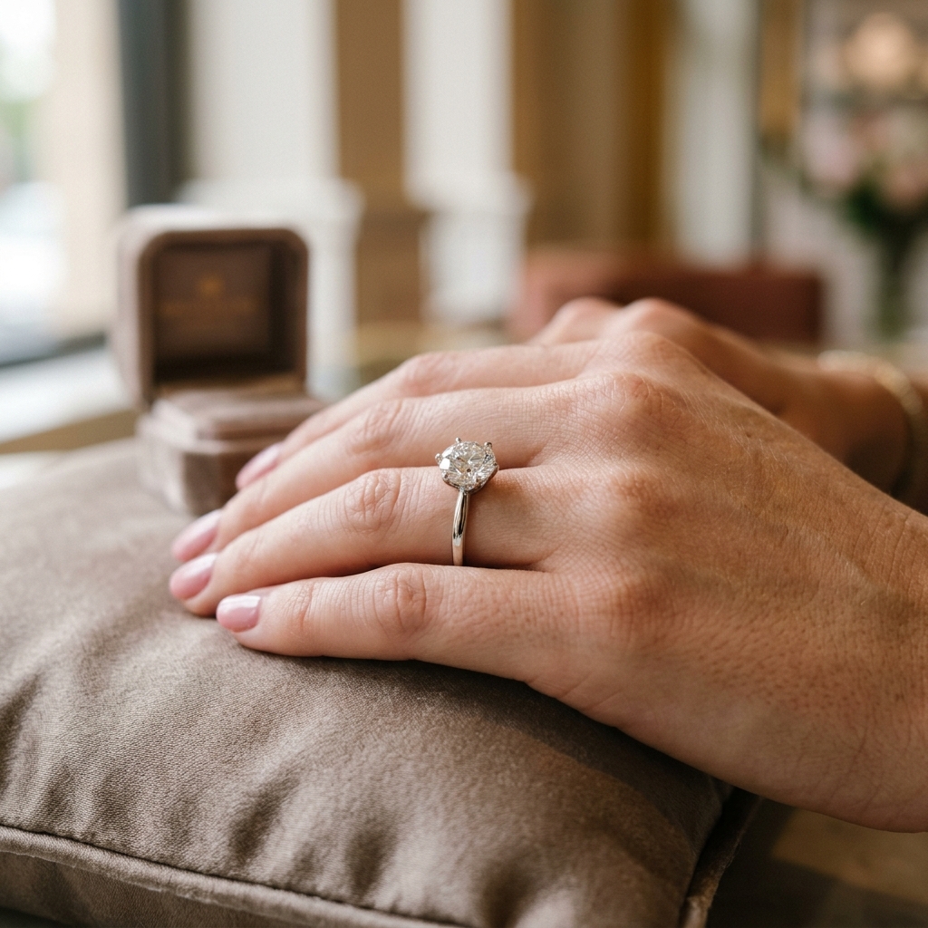 Exquisite round brilliant diamond engagement ring on a gold band