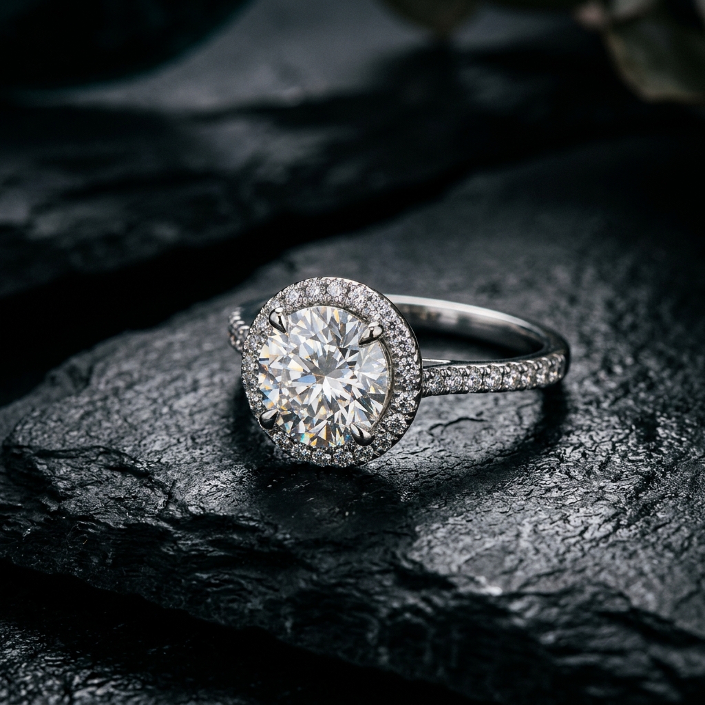 Luxury editorial shot of a diamond halo ring
