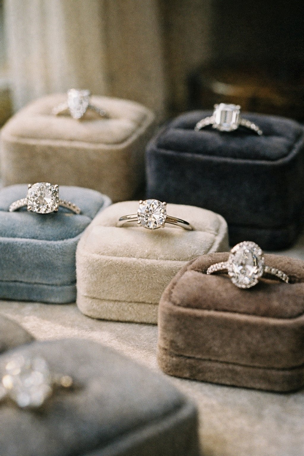 Three bespoke gold diamond rings showing different setting styles
